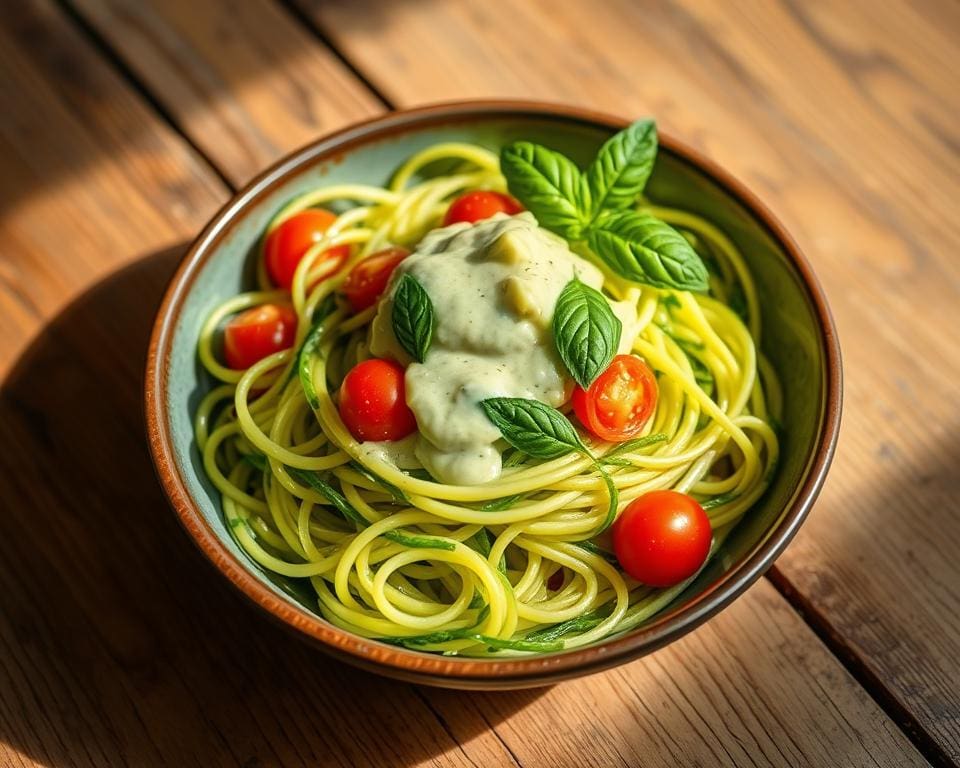 Courgette spaghetti met romige avocado-dressing