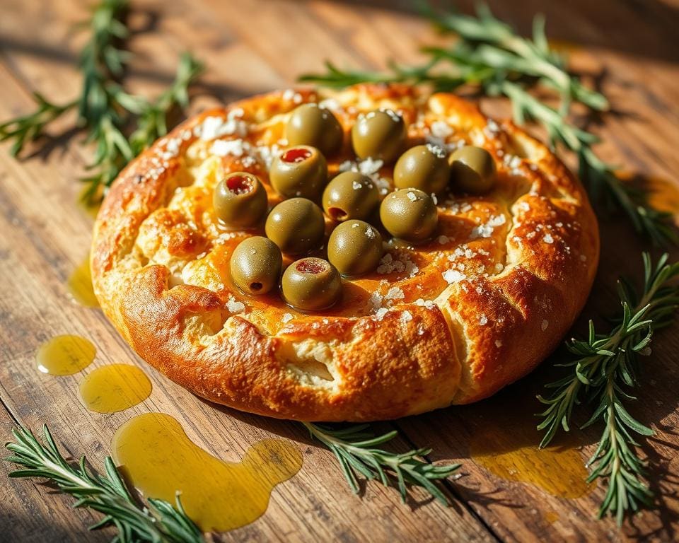 Focaccia met olijven en zeezout uit eigen oven