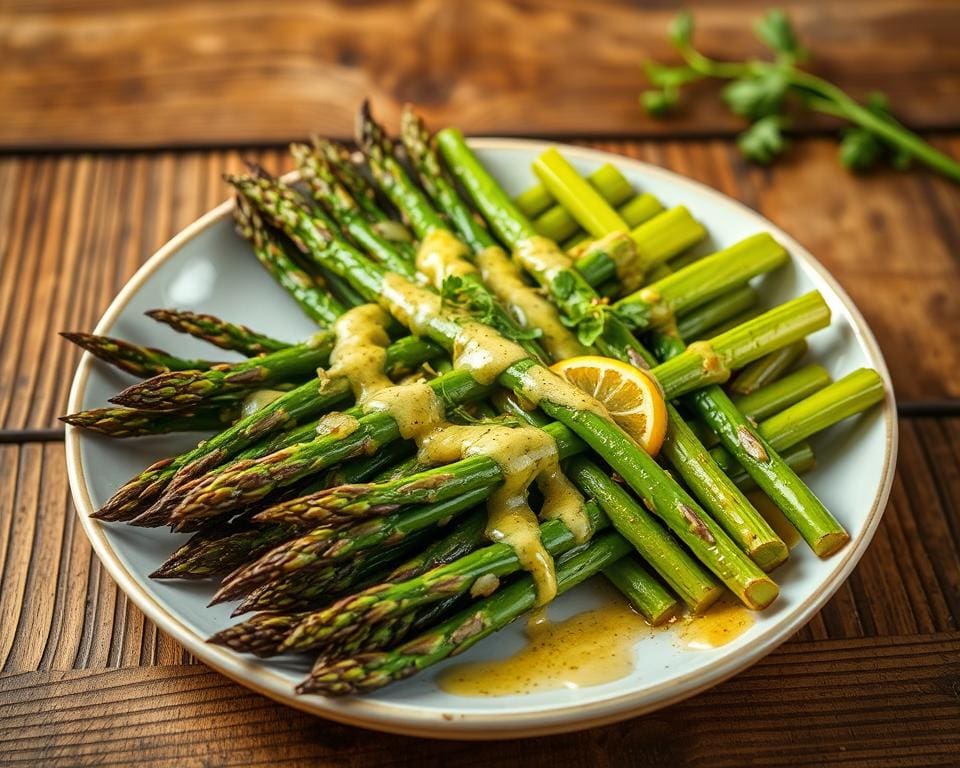 Gegrilde asperges met een citroen-knoflooksaus