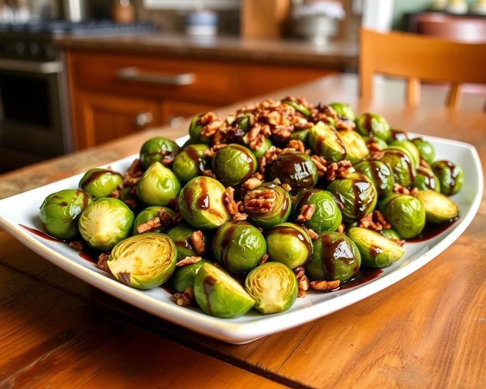 Geroosterde spruitjes met balsamico en pecannoten