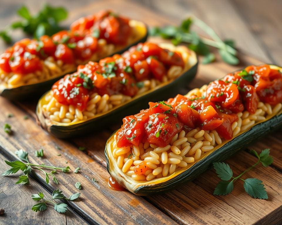 Gevulde courgettes met orzo en tomatensaus