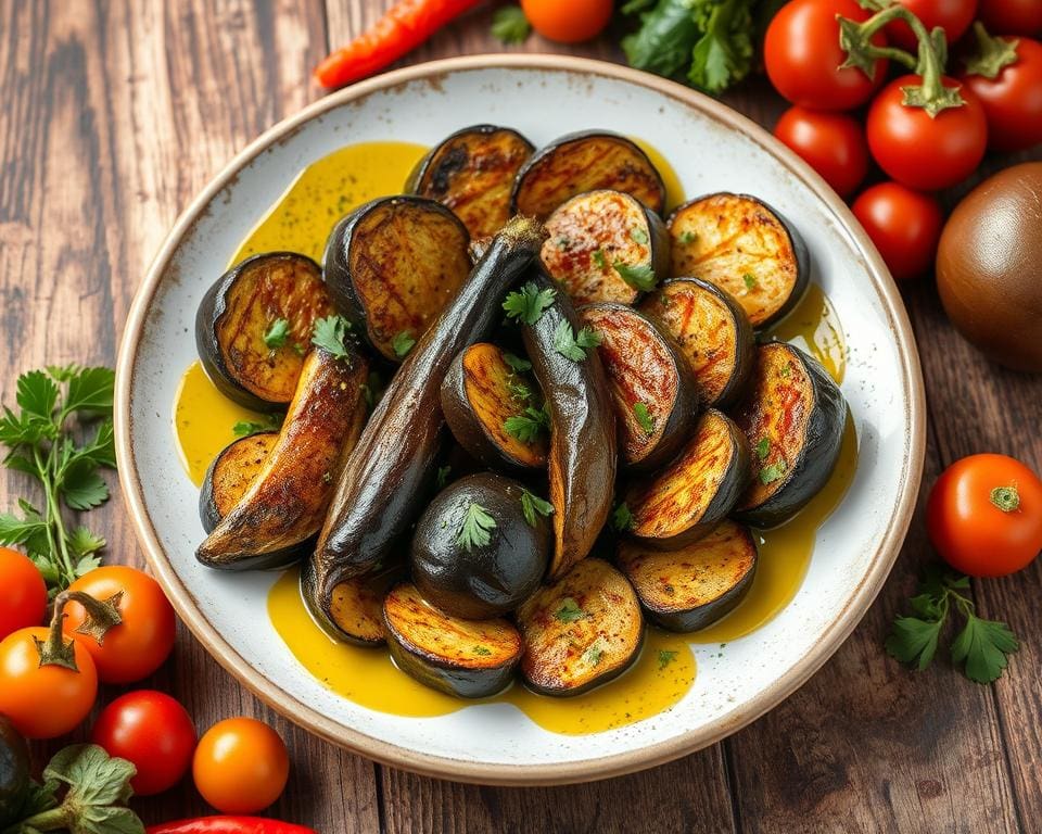 Groenteschotel met geroosterde aubergine en courgette