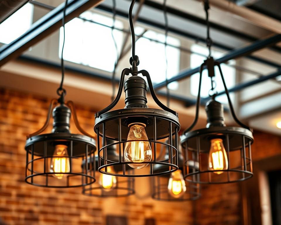 Hanglampen met een industrieel stalen frame