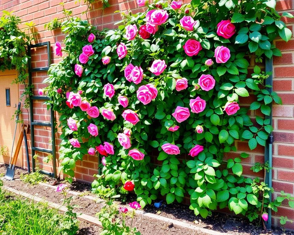 Hoe verzorg je een klimroos tegen een muur?