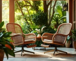 Rieten stoelen met een verstelbare voetensteun