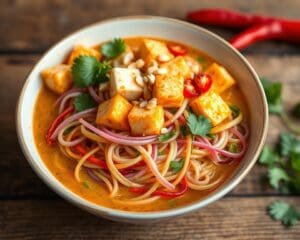 Thaise currynoedels met tofu en pinda’s