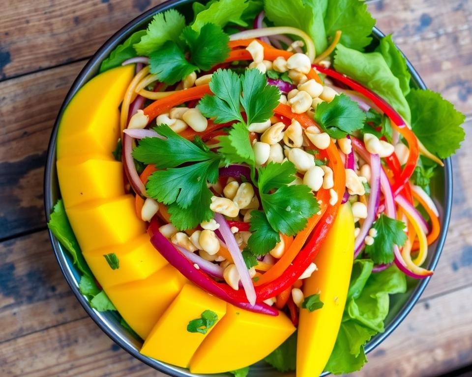 Thaise salade met mango, koriander en pinda’s