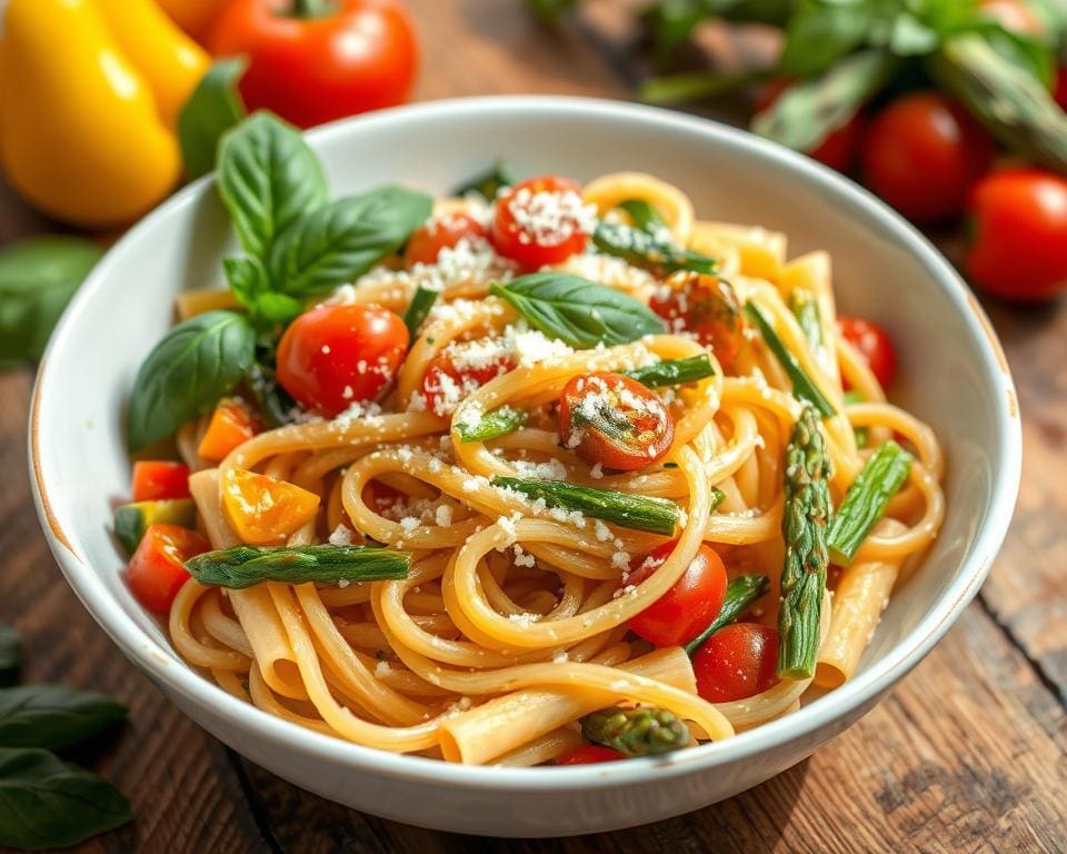 Vegetarische pasta primavera met seizoensgroenten