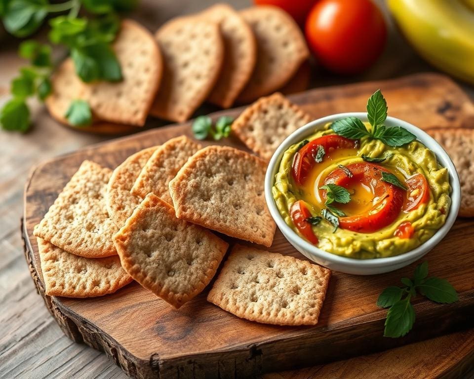 Volkoren crackers met een avocado-tomatendip