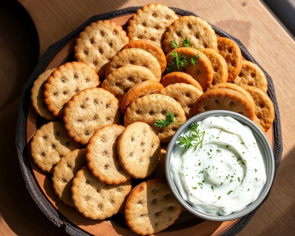 Volkoren crackers met een kruidenroomkaasdip