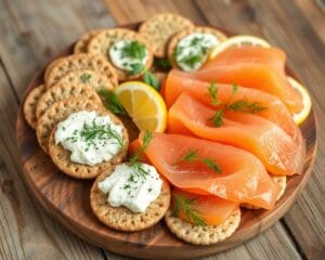 Volkoren crackers met kruidenboter en gerookte zalm