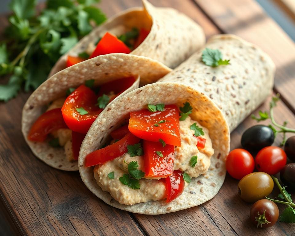 Volkoren wraps met hummus en geroosterde paprika’s