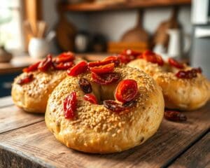 Volkoren zuurdesem bagels met zongedroogde tomaatjes