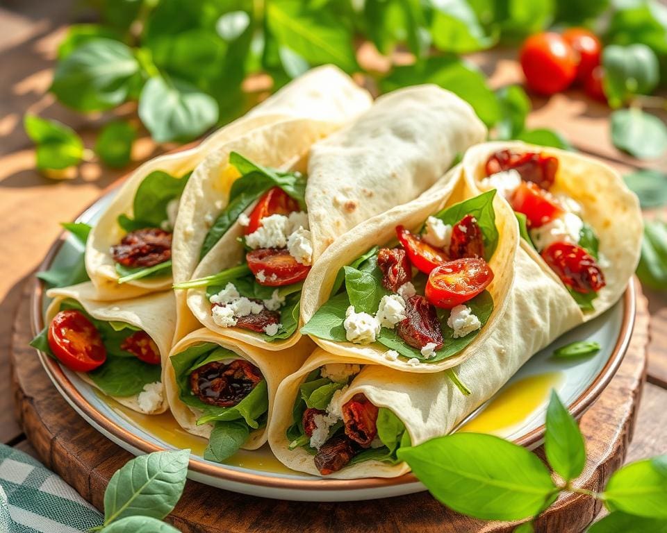 Wraps met spinazie, feta en zongedroogde tomaten