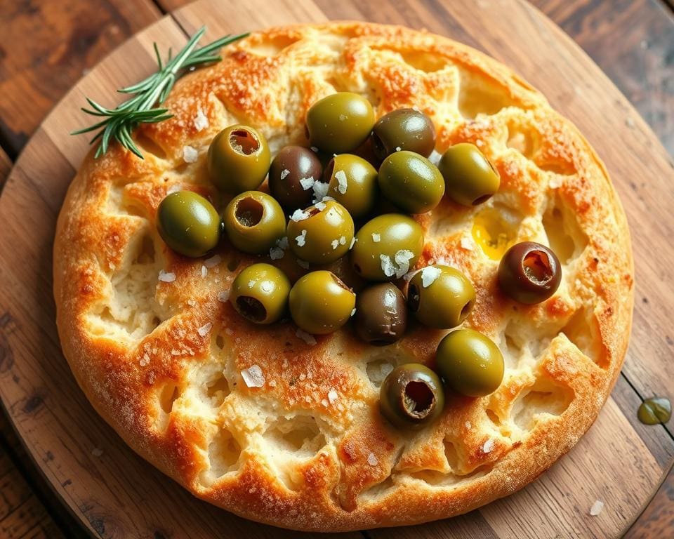 Zuurdesem focaccia met olijven en zeezout