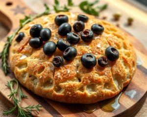 Zuurdesem focaccia met olijven en zeezout