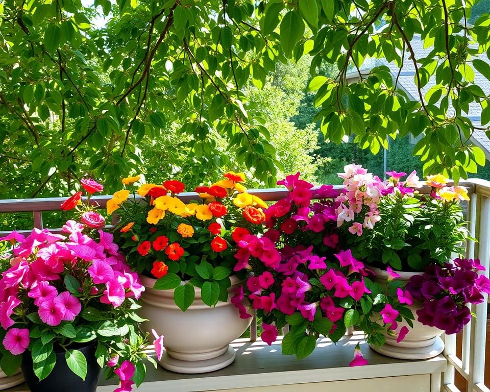 bloemen voor op het balkon in de schaduw