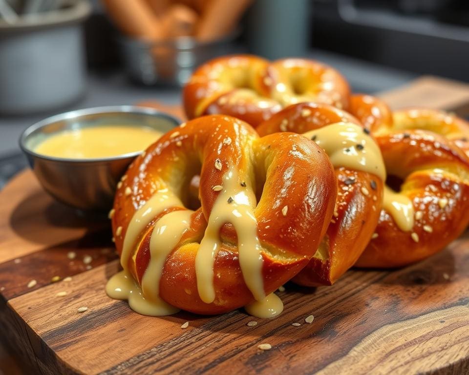 pretzels met een romige kaassaus