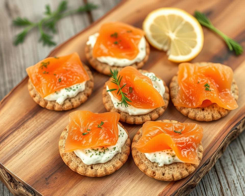 volkoren crackers met kruidenboter en gerookte zalm