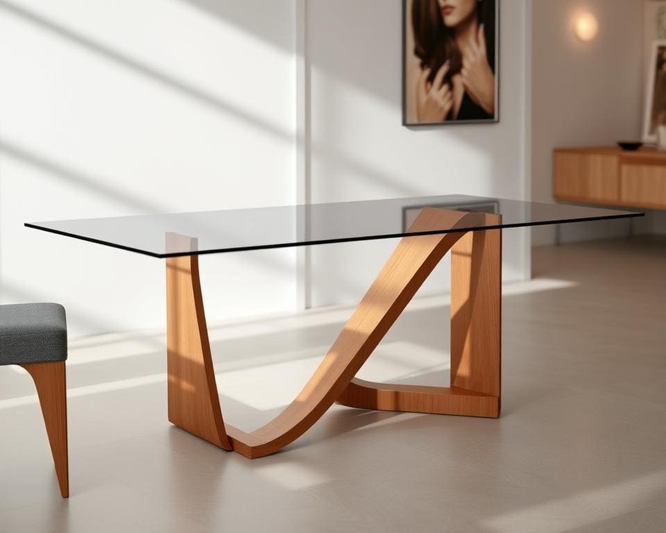 Design tafel in glas en hout: strak en elegant