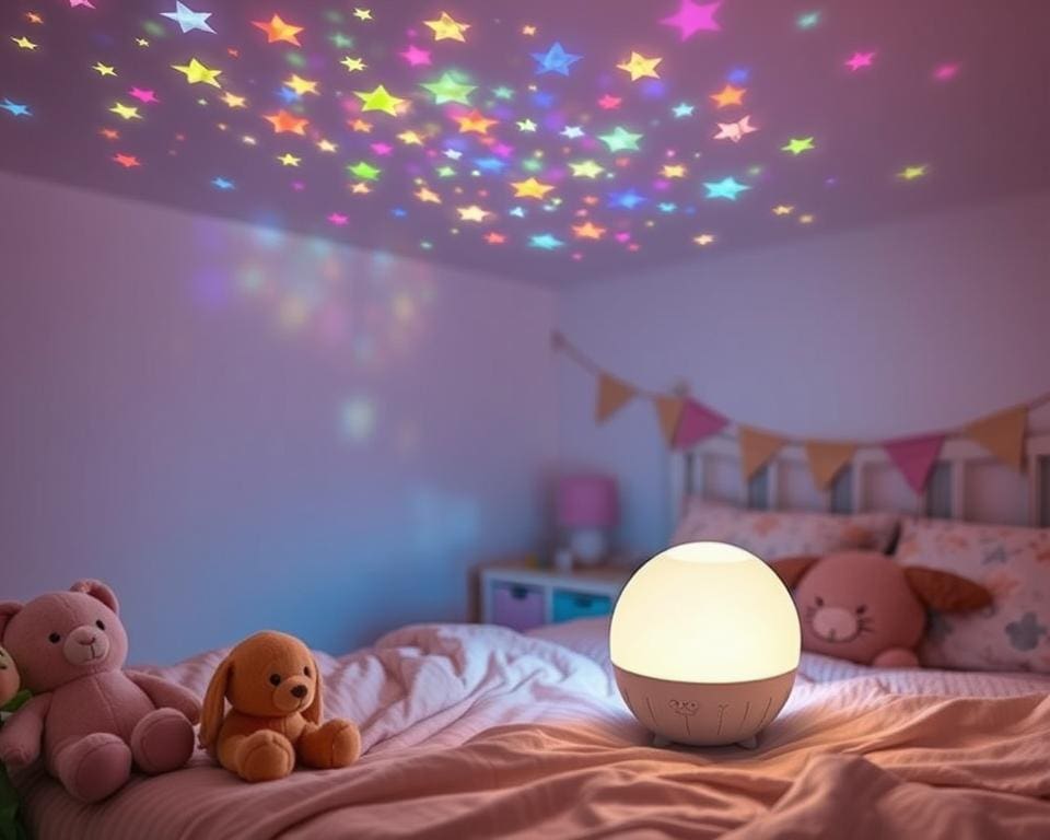 Kinderlampen met een sterrenprojectie en rustgevende geluiden