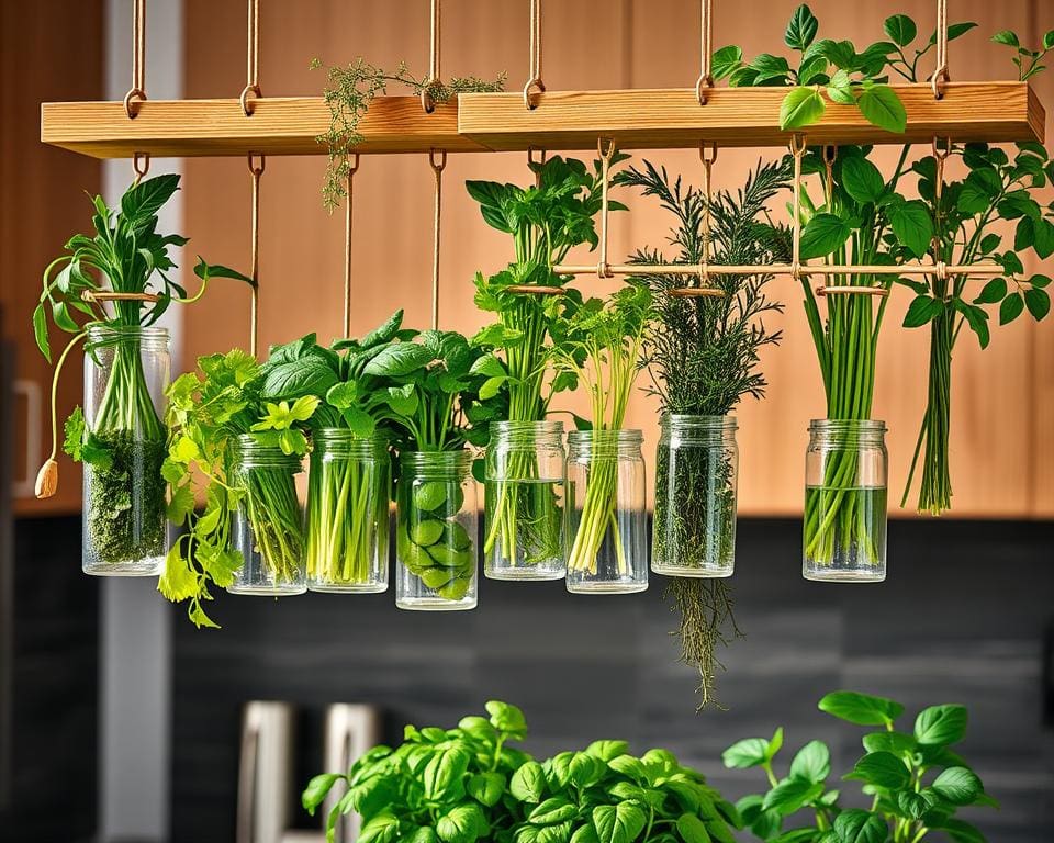 Hangende kruidenrekken met glazen houders