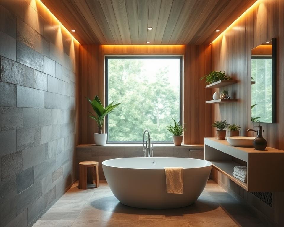 Badkamers met natuurlijke materialen en lichte tegels